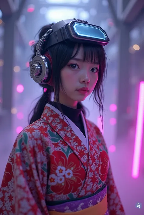 Kimono Costume、The cute princess of one machine 、 full body、 character focus、Incoming Eye 、 Outgoing Lip、Ultra Precise Detailed Glass Monitor Lens Headset、 concept art 、 model、 fisheye lens、{Purple light  |  white light}、A faint light from underfoot、 unkno...