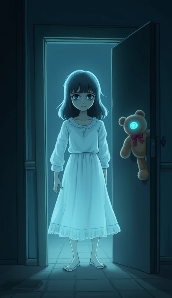 Create hd Cartoon Image Scene 9: The Haunting Spirit**  
   *The ghost of the murdered girl appears in the house, a translucent figure dressed in white, her face full of sorrow. The teddy bear floats near her, with glowing eyes. The atmosphere is chilling ...