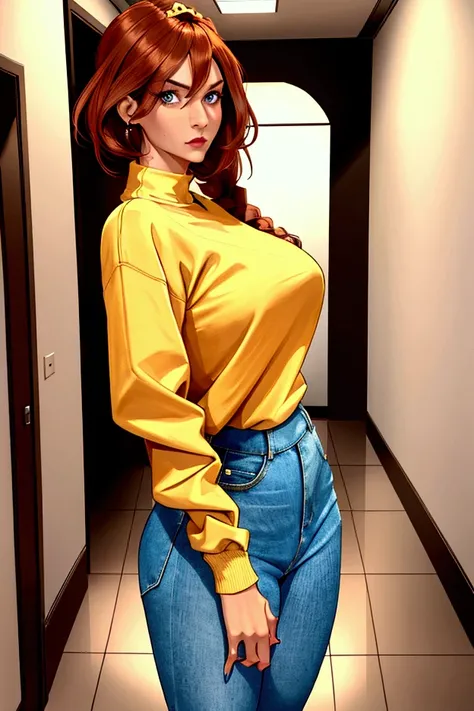 a beautiful european woman in a hallway, 39 years old, no makeup, wearing sweatshirt, wearing tight jeans ,braided short hair,  slim waist, stern, dominant facial expression, domineering, ((looking directly at viewer)), scolding, standing, low camera angle...