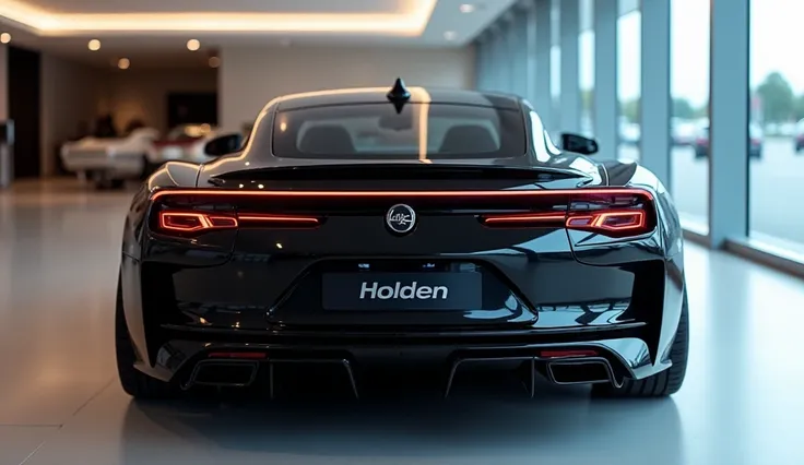 A sleek, black, Back view of a Holden monaro with a futuristic design. The car has a low, aerodynamic profile, slim, horizontal LED taillights extending across the rear, a prominent diffuser below the rear bumper, and a subtle rear spoiler. The car has a 
...