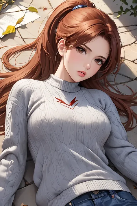 (masterpiece, best quality, 8k, high definition), whole body, 1 woman, auburn hair in a ponytail, mid-chest, brown eyes, soft lips, beautiful face, natural light, detailed background, detailed illustration art, wearing a grey sweater and blue jeans, laying...