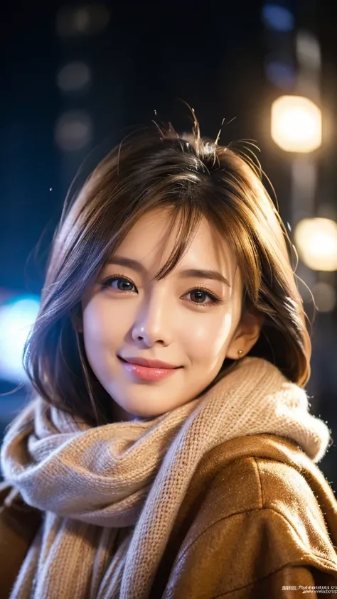 highest quality、genuine、Super detailed、finely、High resolution、8k wallpaper、one beautiful woman、light brown hair、sharp focus、perfect dynamic composition、beautiful and detailed eyes、thin short hair、Detailed genuine skin texture、smile、model body shape、at wint...