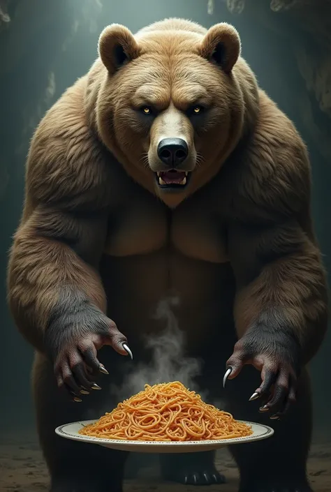 Giant mythological muscular bear holding plate of pasta 