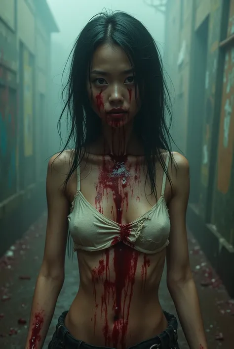 Infected Country Asian Tanned women patient semi-human being ghost haunted full with blood