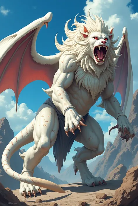 This boss was five meters tall with a quadruped beastly body, a pair of tough draconic wings, a tail like a snake but with a scorpion's sting, and a dreadful head that was a mixture of lion and monkey.

It was mostly white with just patterns on the tail, f...