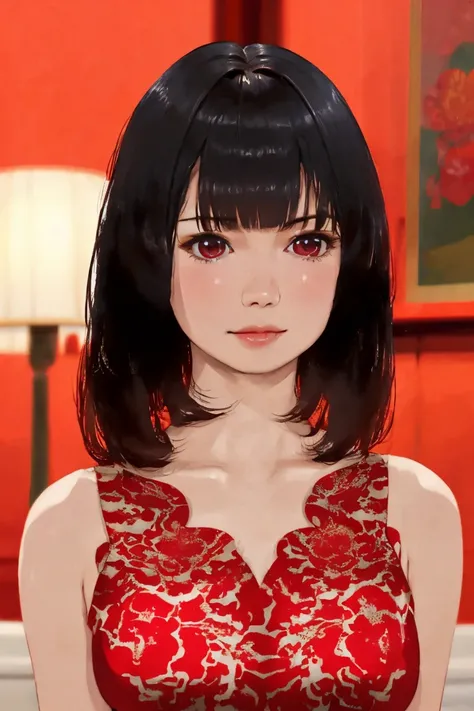 nsfw,one woman,(super tight clothes,red lace long dress),whole body,(:1.8),cute face,bangs,from front,looking at viewer, indoor,hotel,high quality,photorealistic,masterpiece,highly detailed,japanese