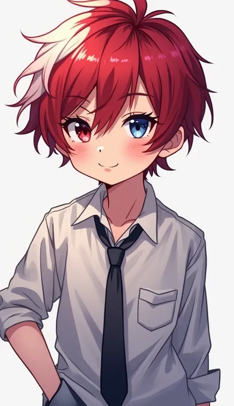 digital cel-shaded anime、anime character portrait、 hair color mixed with ruby red and white、White is also on the bangs、red left eye and blue right eye、美 boy、 handsome、 best image quality、 standing、Stylish、4K、 full body image 、 boy、Short Hair、Short cut