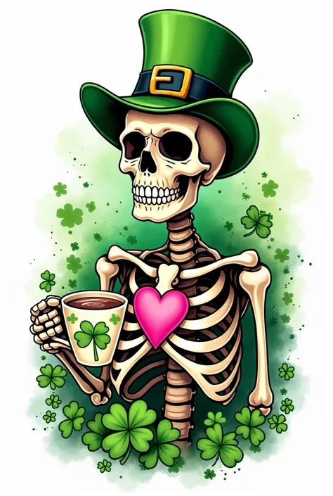 illustrtion A whimsical tattoo-style illustration of a skeleton wearing a green leprechaun hat, holding a coffee cup with shamrocks on it.  The skeleton has a pink heart in its ribcage. Surrounding the skeleton are shamrocks and green watercolor splatters....