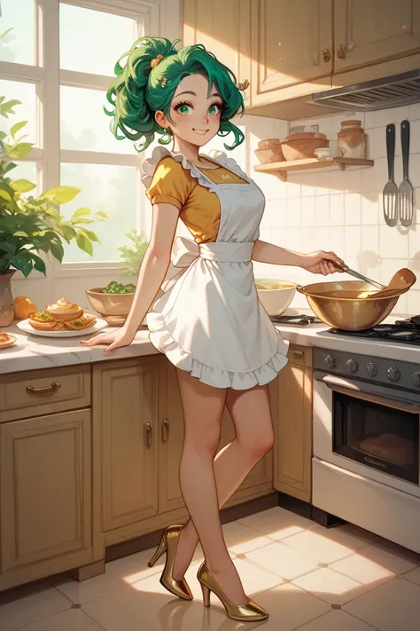 one girl with green hair wearing a white apron with golden accents, golden high heels, green eyes, smiling, cute face, in the kitchen