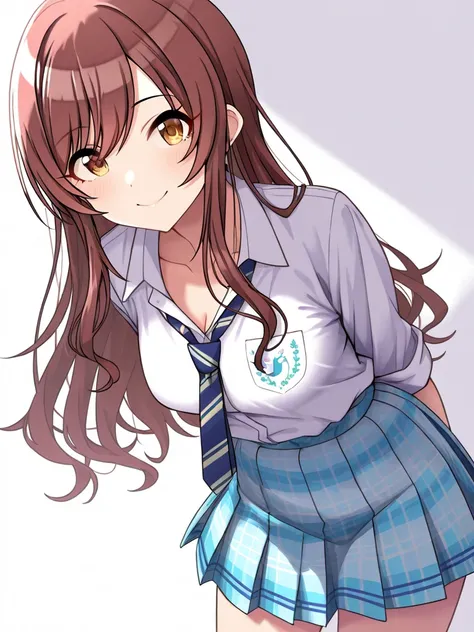 1girl, solo, cowboy shot,
simple background, white background,
amana osaki (idolmaster), amana osaki (shinycolors),
oskamn, long hair, brown hair, swept bangs, brown eyes, yellow eyes, medium breasts,
school uniform,
(masterpiece, Highest quality, Very det...