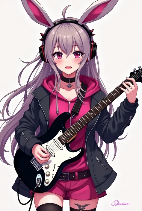 Draw me a scene queen style anime that has bunny ears  spiked headphones and a electro guitar a  hot pink top she has a leaopar ratio on her right  arm she got ripped long emo socks her hair is scene style spiked and she got alot of piercing on her face dr...