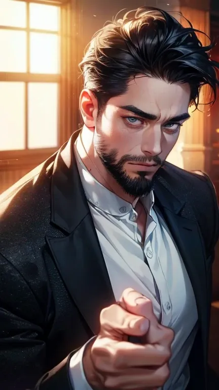 (   best quality,4K,8k,   highres,   masterpiece :1.2),   ultra-detailed   ,(realistic,photorealistic,photo-realistic:1.37),36-year-old man,3 day beard,Beautiful anime,Portraits,strong,Masculine,    with black hair  ,sharp jaw,     mesmerizing eyes     ,  ...