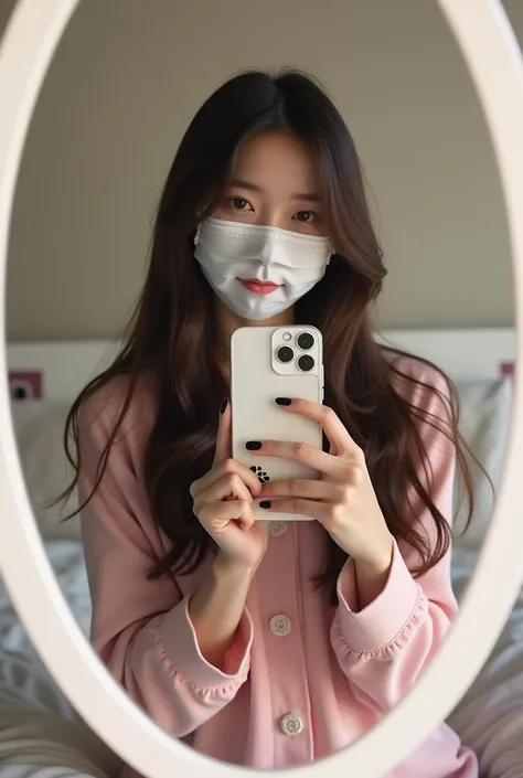 Korean girl is taking photo with her phone in front of the mirror while sitting on her bed her hair is dark brown and very long she is wearing pajamas and cosmetic face mask pajamas colour is light pink she is taking photo with her phone her phone is iPhon...