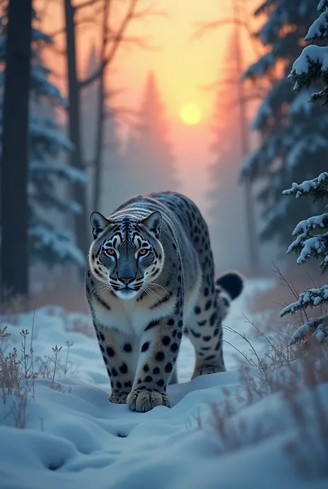 Create an image of a snow leopard in a dark snowy forest, with orange fog behind and distant sunrays. The leopard should seen from side, full body. 