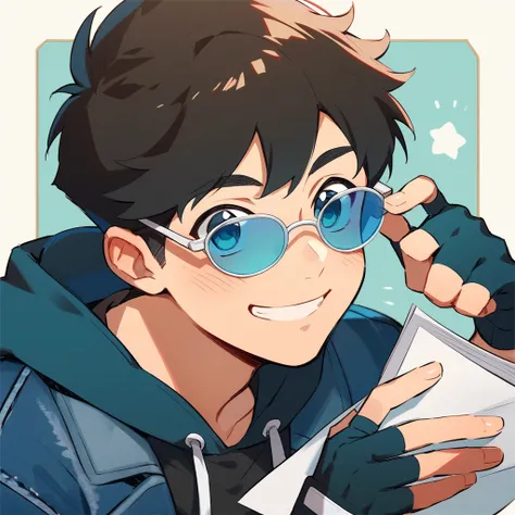 Cute anime guy, male, black attire, eye glasses, fingerless gloves, hoodie sweater, denim, sneakers, smiling, holding a paper