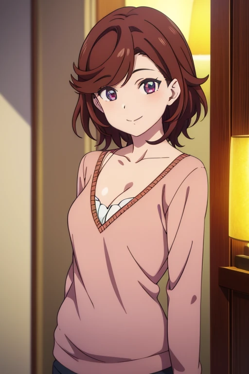 Kanon Mama, Alone, (cowboy shot),  medium hair, Dark red hair, 紫色の目, bangs,  Unkempt Hair,  small breasts, cleavage, (bright smile:1.1), ( sexy pose),  score_9,  score_8_superior,  score_7_superior,  source_anime, (best quality:1.2), masterpiece,  high qua...