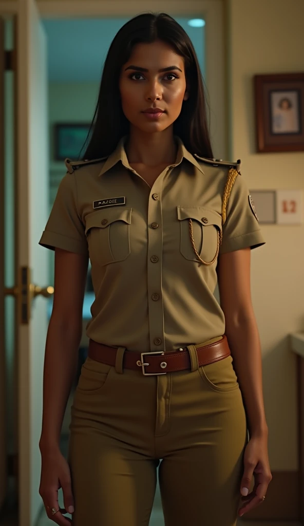 Realistic image. Indian Woman in indian khaki police uniform shirt TUCKED under skintight pants in kitchen, skintight khaki colour police pants that highlights her skinny legs , skintight short sleeved shirt.at home in india at night in eid, looking at cam...