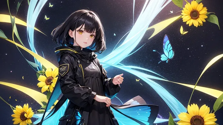 from future intelligence, flowers background, effect wind, butterfly, confident look, space black pioneer dress, yellow eyes, black hair