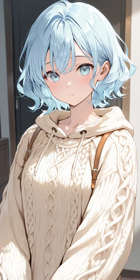 light blue hair, light blue eyes, short cut, wavy hair, A knitted onesie in soft gray, featuring cable-knit patterns and large buttons down the front, semireal:0.2