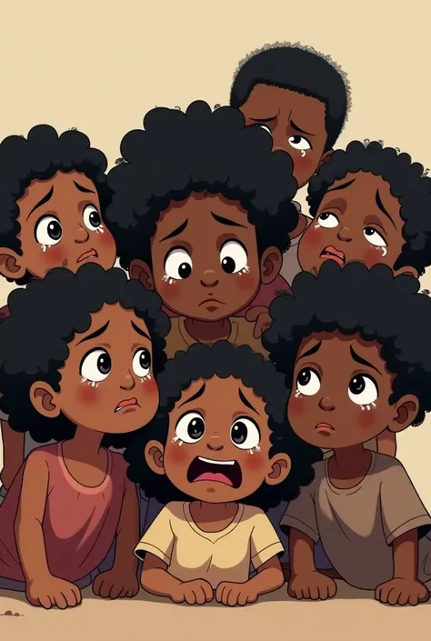 Un groupe de petits enfants orphelins tristes afro filles et garçons entrain de pleurer cartoon style