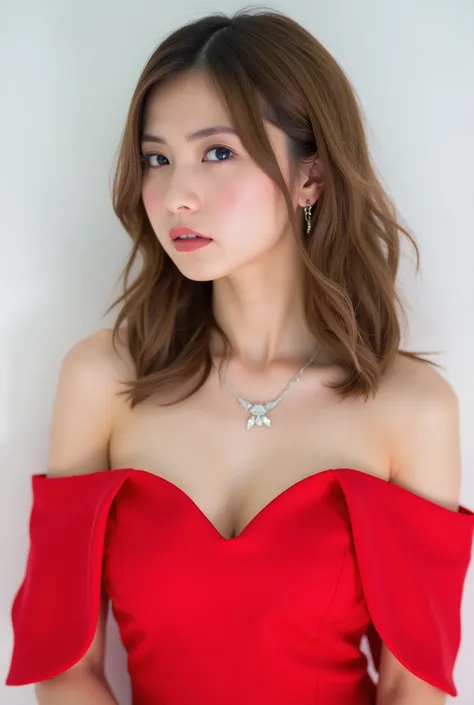 Beautiful Japanese Woman 、、 She is wearing a red off-the-shoulder dress、濃いeyeshadow 、Hairstyle: Medium long、wavy hair 、、 Light Brown Hair、 ear piercing、 Empty Expressions 、 necklace、 white backgr
