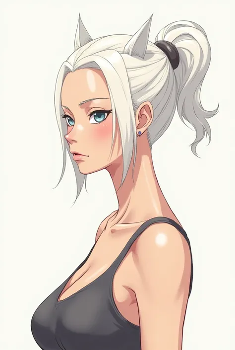 draw, as a character in a manga similar to One Piece,  a slim woman , tall and slightly muscular, That she has white hair tied backwards, The hairstyle to have an exaggerated shape, similar to a smile in its shape and shape, Above his forehead he has 2 tuf...