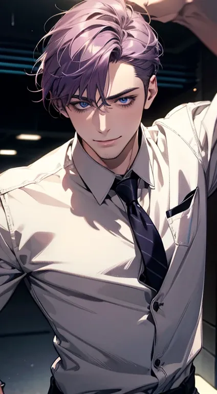 (  best quality,4K,8k,  highres,  masterpiece:1.2),  ultra-detailed  ,(realistic,photorealistic,photo-realistic:1.37),1 man,31 years old,  Mature man, tongue , inexpressive ,to smile, short purple hair ,  blue eyes,  penetrating look,no errors,  stately po...