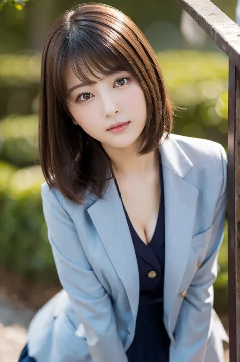  high quality,超 high resolution,、1 person,whole body、Shiny brown hair,(8k, 4K、最 high quality,  high resolution, 超 high resolution:1.1)、Short Bomb Hair、 high school uniforms 、Uniform Blazer、Cool Look, and stare at the camera, chubby figure、 beautiful skin、 ...