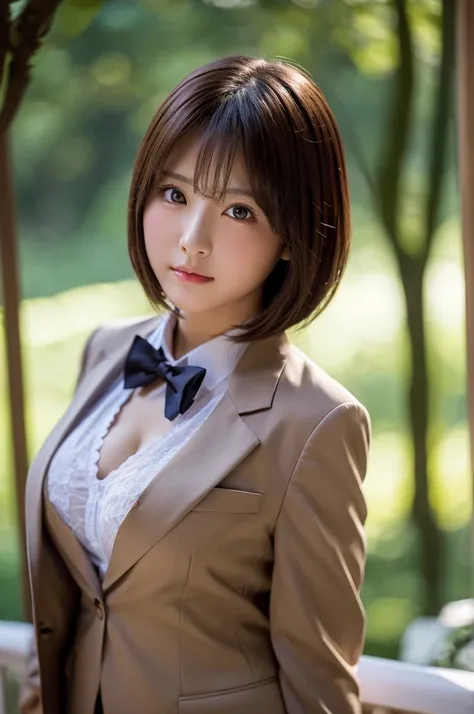  high quality,超 high resolution,、1 person,whole body、Shiny brown hair,(8k, 4K、最 high quality,  high resolution, 超 high resolution:1.1)、Short Bomb Hair、 high school uniforms 、Uniform Blazer、Cool Look, and stare at the camera, chubby figure、 beautiful skin、 ...