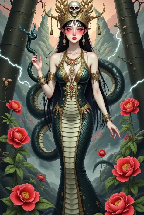 Scary Cleopatra，skull crown， snakeskin dress ，black python wrap， red eyes。Suspended buildings，tower，Peony，lightning