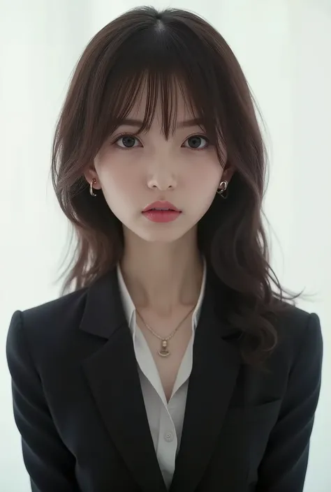 Beautiful Japanese Woman 、、 She is wearing an office lady suit、濃いeyeshadow 、Hairstyle: Medium long、wavy hair 、、 Light Brown Hair、 ear piercing、 Empty Expressions 、 necklace、 white backgr
