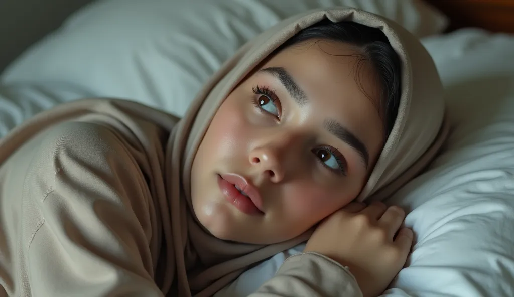 Create a hyper realistic image of girl in hijab layin on bed with open eyes her age is 18