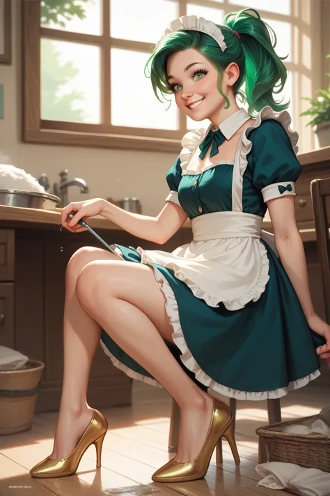 realistic anime teen girl with green hair wearing a housemaid uniform, ponytail, golden high heels, green eyes, smiling, cute face, wipe the dust