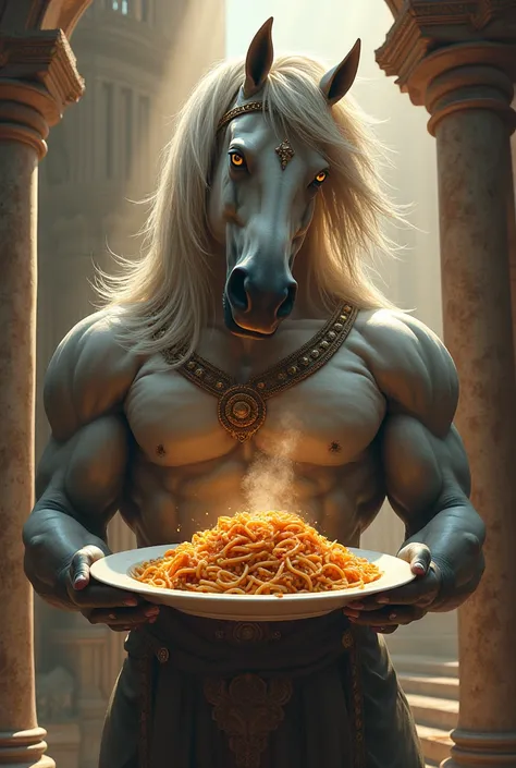 Giant muscular mythological horse holding plate of pasta 