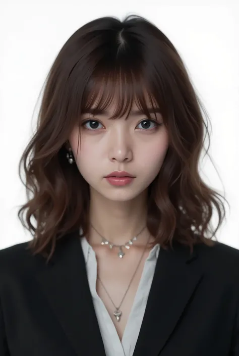 Beautiful Japanese Woman 、、 She is wearing an office lady suit、濃いeyeshadow 、Hairstyle: Medium long、wavy hair 、、 Light Brown Hair、 ear piercing、 Empty Expressions 、 necklace、 white backgr

