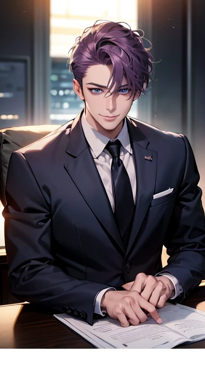 (  best quality,4K,8k,  highres,  masterpiece:1.2),  ultra-detailed  ,(realistic,photorealistic,photo-realistic:1.37),1 man,31 years old,  Mature man, tongue , inexpressive ,to smile, short purple hair ,  blue eyes,  penetrating look,no errors,  stately po...