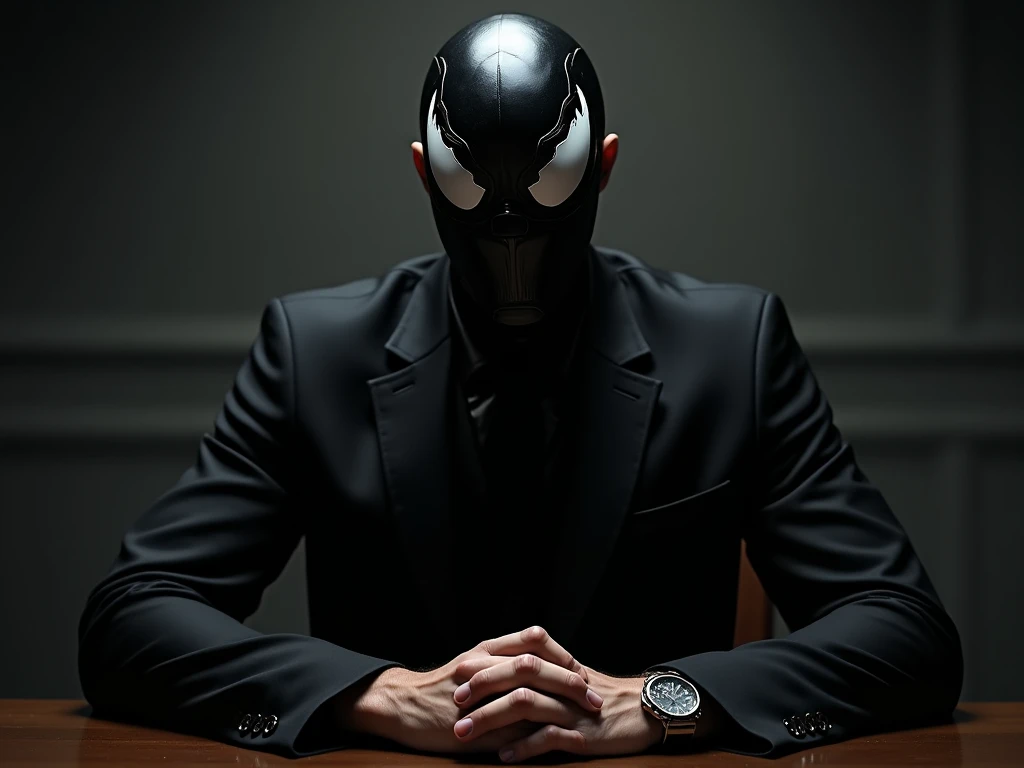 charismatic man wearing black venom mask, sitting in the table, looking directly to the camera