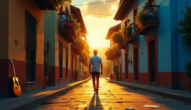  An emotional scene full of intrigue inspired by the song  "Echoes in the Wind ":  

 A young man walks elegantly through a quiet street in an Ecuadorian neighborhood at dusk .  His figure is illuminated by the warm golden light of the setting sun ,  casti...