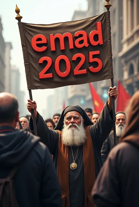 Groups of elders and priests are demonstrating in the street and raising a banner with a name in bold three-dimensional font "Emad Alshayeb 2025".