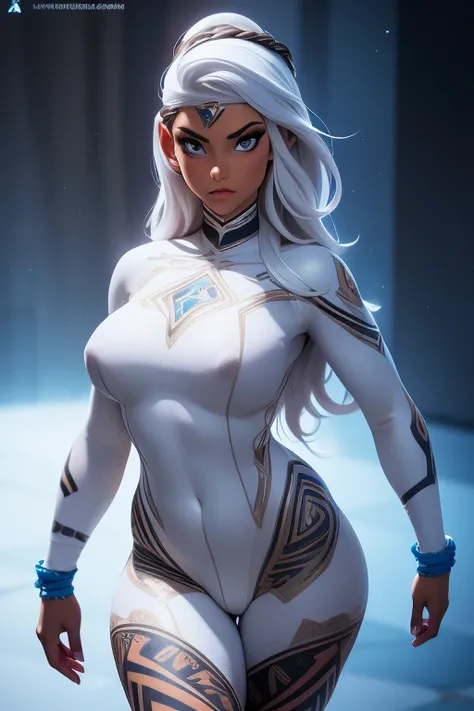 hyper realistic 4K, 8K, ultra realistic high resolution, masterpiece, detailed, nsfw, solo, young beautiful Atlantis woman, curvy, tan skin, grey eyes, white hair, silver headband, tribal face tattoo blue, bodysuit white with blue trim, walking sexy, nippl...