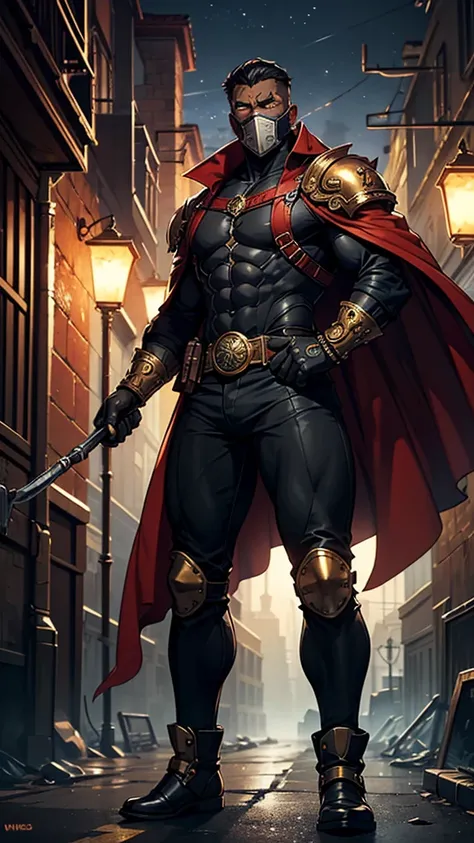 A vigilant superhero, a black skinned man with an athletic build and determined appearance, wears a bold steampunk-style costume, inspired by a ferocious brown bear. The suit combines gears, copper pipes, ornate bronze pieces, and reinforced leather, givin...