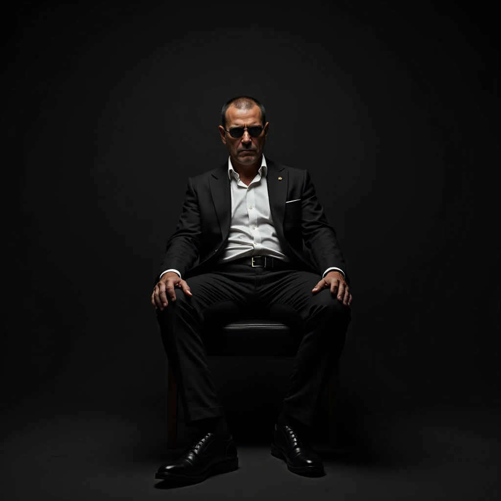 A 35-year-old mafia man is sitting down in slim suit, with his legs slightly apart, showcasing his authority. The groin part of mafia man’s leg full pack. A 25-year-old assistant man is kneeling at mafia man’s feet. The assistant posture reflects submissio...