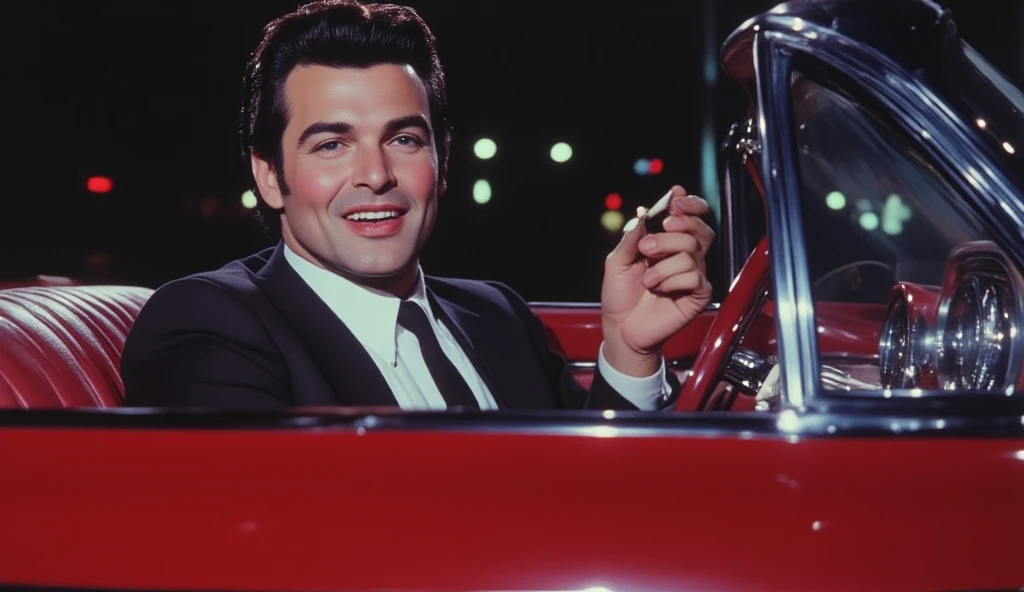 Vincent Vega played by Marlon , white and smooth black hair in the foreground in a red convertible car, smoking a cigarette and driving, At night with a satisfied face, With a smile.  front view, From in front of the car, No lateral . dark suit, white shir...