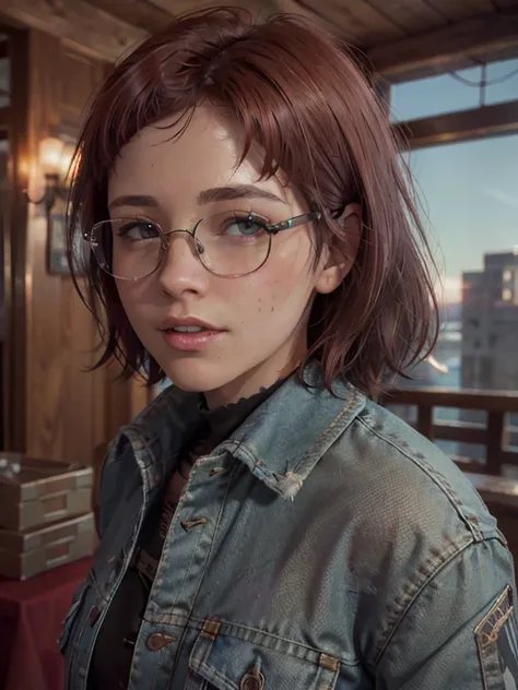  close-up ,  upper body . Short,  red hair,  Green eyes,  metal-framed glasses,  denim jacket, smiling girl   (in the :1.4). ( masterpiece,  top quality,  Best quality ,  official art ,  beautiful and aesthetic:1.2),  Extremely detailed,( fractal art :1.2)...