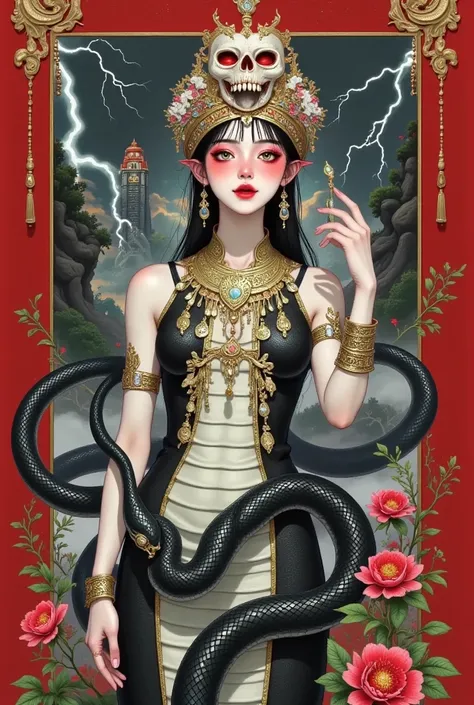 Scary Cleopatra，skull crown， snakeskin dress ，black python wrap， red eyes。Suspended buildings，tower，Peony，lightning