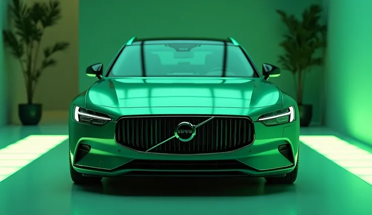 In showroom 2025 Volvo S90 green color front view 