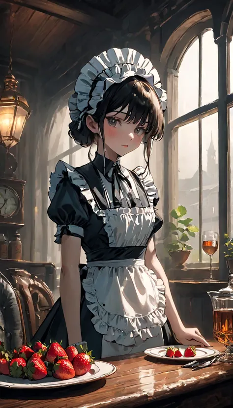 Cinematic portrait, maid outfit, Victorian era, low-cut dress, white apron, ruffled headpiece, dimly lit interior, wooden table, food plates, strawberries, whiskey glass, rainy window, moody atmosphere, vintage clock, dramatic lighting, photorealistic, hig...