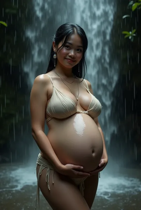 (NSFW:1.2), (Pornography), uncensored, (RAW, 16K, Best quality, high resolution, hyper realistic, masterpiece: 1.3), beautiful indonesian woman, Masterpiece, heavy pregnant, rainny, perfect wet soaked body, full wet body, perfect face, accourate face, shor...