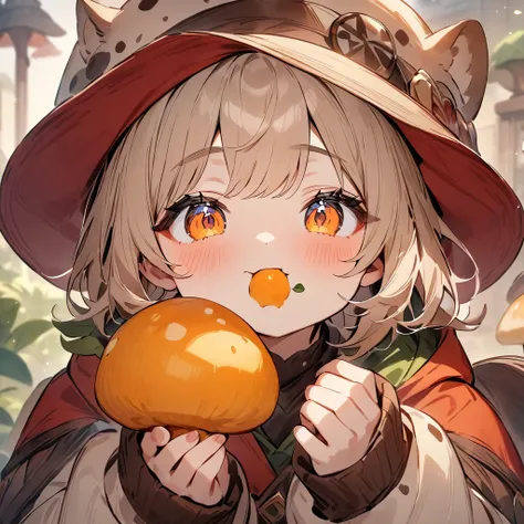 (( best quality)), ((masterpiece)), (  Details),  perfect face、A cute person wearing a hat with round red mushroom spots is eating mushroom food