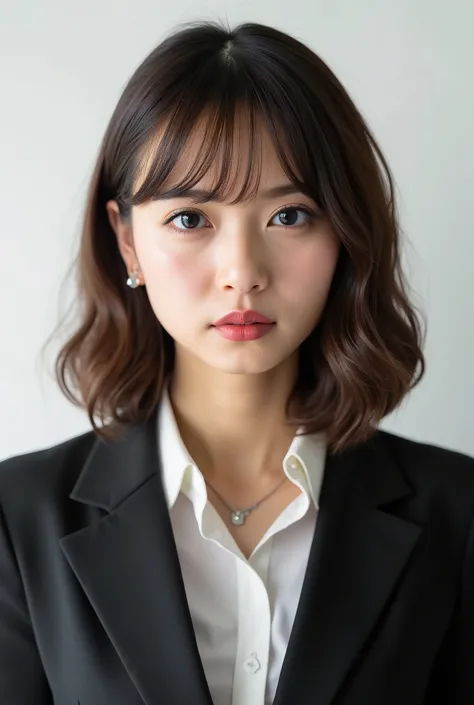 Beautiful Japanese Woman 、、 She is wearing an office lady suit、濃いeyeshadow 、Hairstyle: Medium long、wavy hair 、 Light Brown Hair 、ear piercing、 Empty Expressions 、 necklace、 white backgr